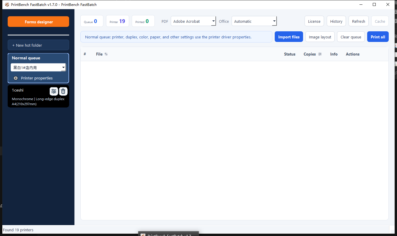 Real PrintBench FastBatch application showing the Windows print queue, printer selection and Print all command