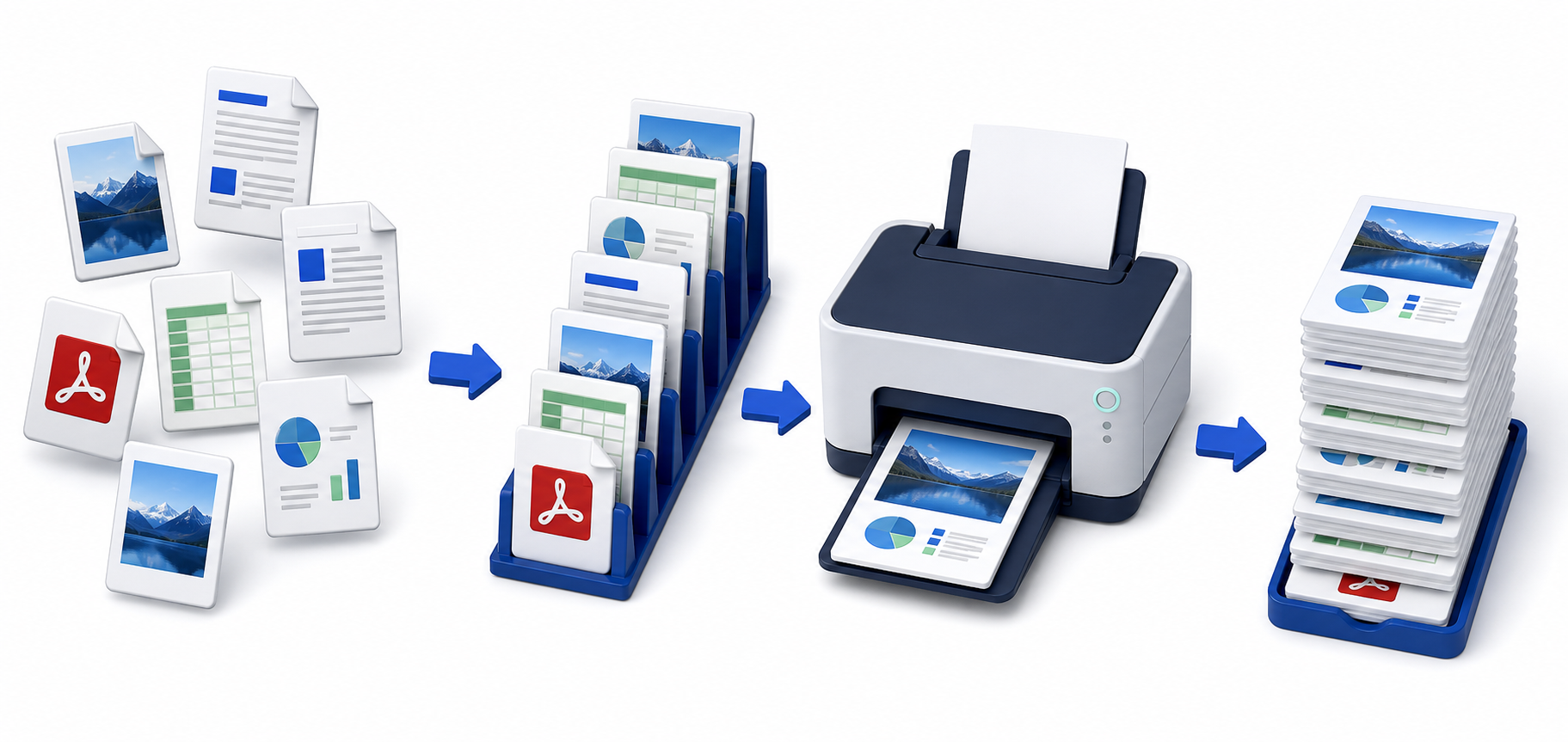 Mixed PDF, spreadsheet, document and image files entering an ordered queue, passing through a printer and becoming a finished stack