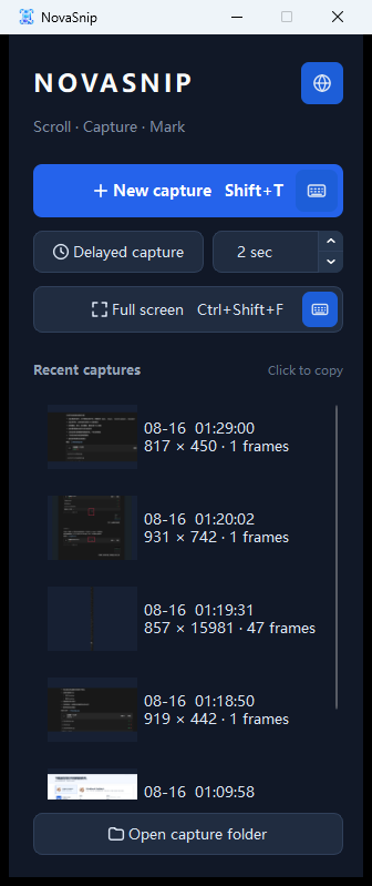 NovaSnip screen capture interface