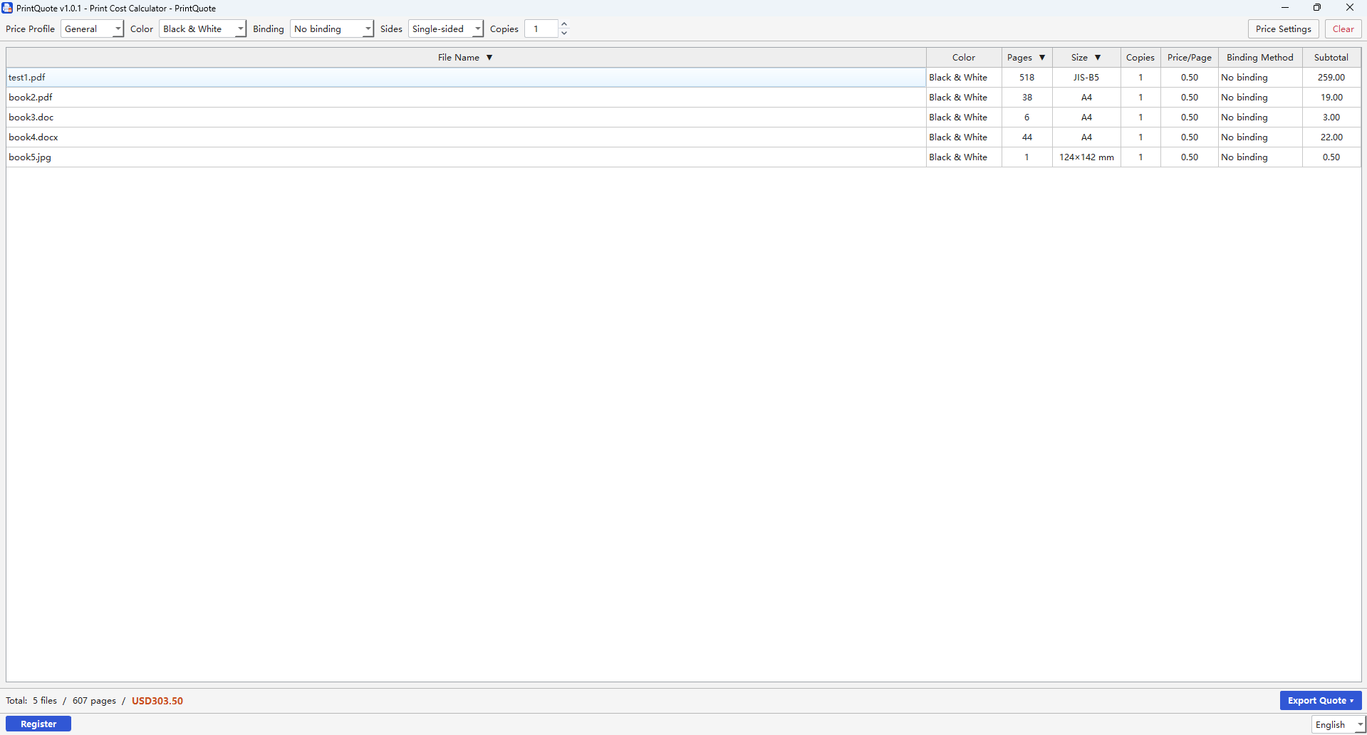 PrintQuote cost calculation interface