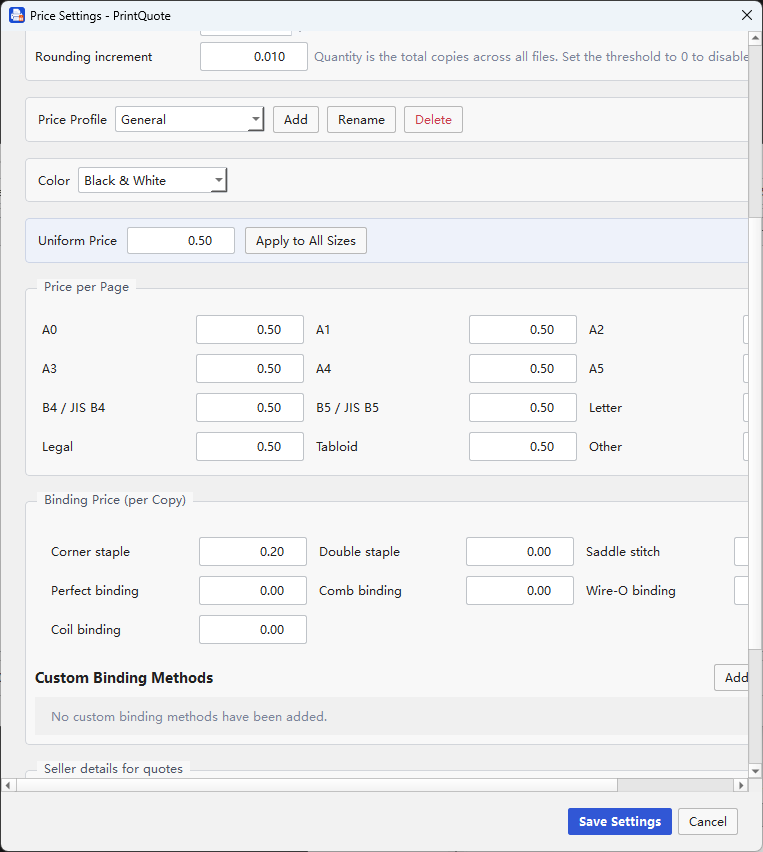 PrintQuote price settings showing pricing profiles, paper sizes, binding prices, and seller details